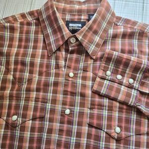Resistol Rodeo Gear Mens Brown Plaid Pearl Snap Western Shirt Medium Cotton Long